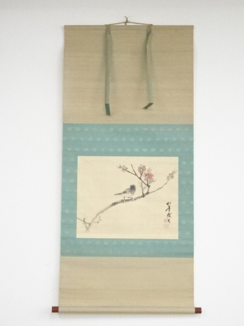 JAPANESE HANGING SCROLL / HAND PAINTED / BIRD & PEACH BLOSSOMS